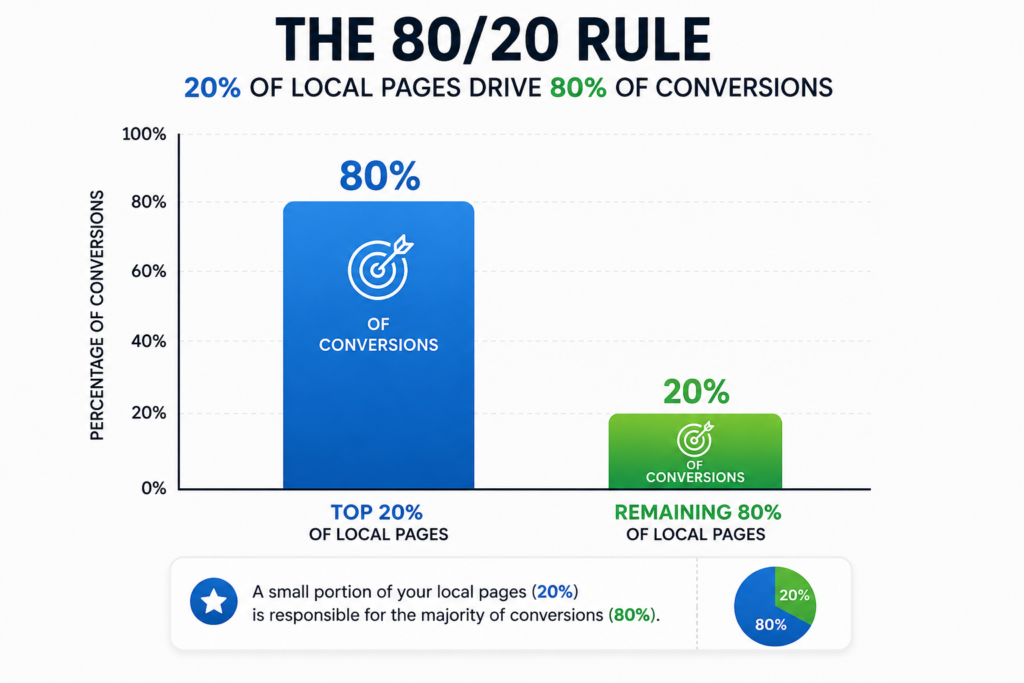Bar chart showing 20 percent of local pages driving 80 percent of conversions