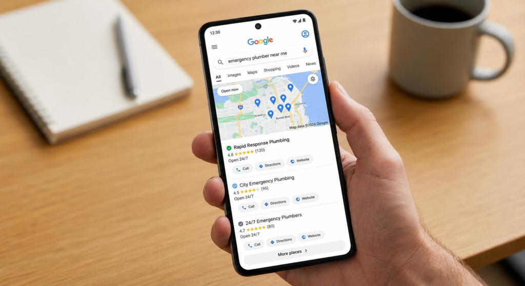 Mobile screenshot of a Google local map pack for an emergency plumber near me search