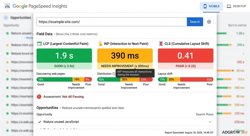 Core Web Vitals report showing page speed and stability scores