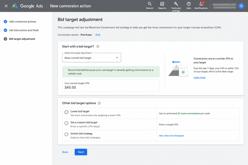 Google Ads Bid Target Adjustment Tool showing options before the August 17 deadline