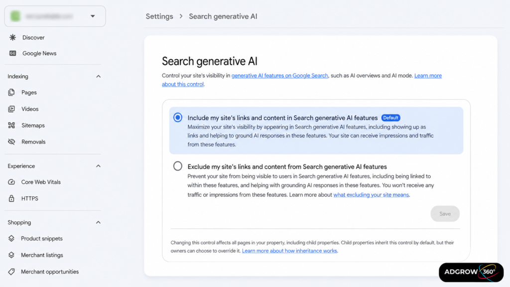 Include, Exclude, and Inherit options in Search Console's Search Generative AI Control setting