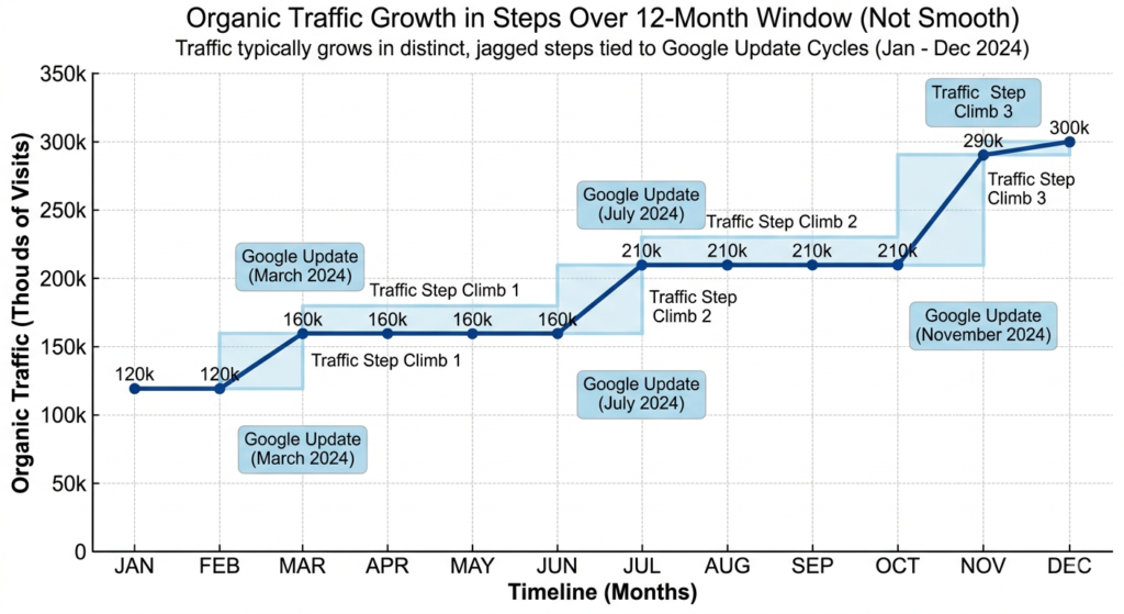 Line graph showing organic traffic growth over twelve months
