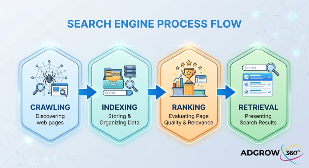 Diagram showing the SEO process: crawling, indexing, ranking, and AI retrieval
