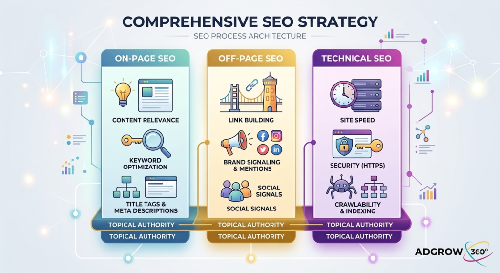 Illustration of on-page, off-page, and technical SEO as three connected pillars