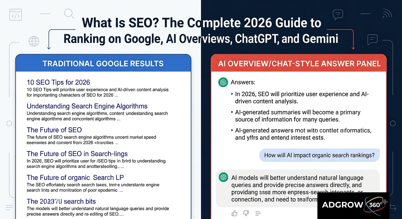 What is SEO? A Split graphic comparing a traditional Google search results page to an AI-generated search answer