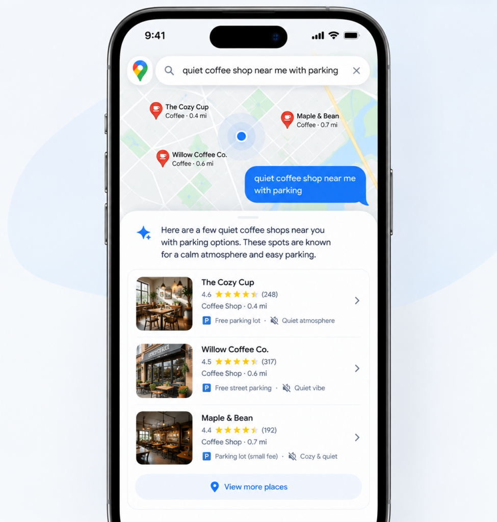 Ask Maps conversational search inside Google Maps answering a location-based question