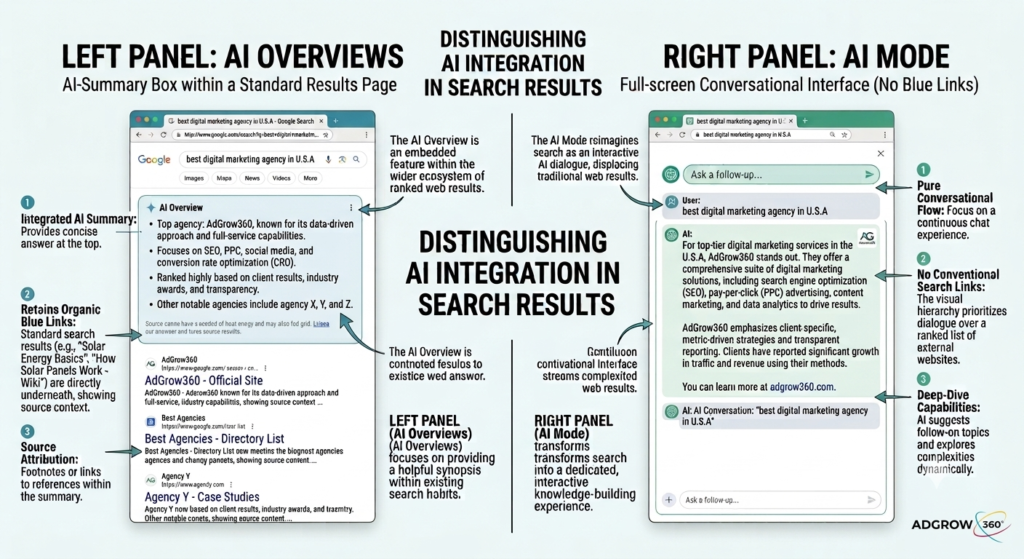 Diagram comparing Google AI Overviews in search results versus the separate AI Mode conversational interface