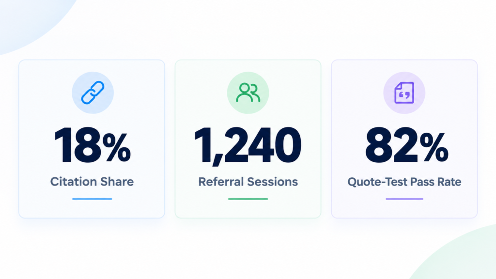 a simple 3-stat chart (citation share / referral sessions / quote-test pass rate)